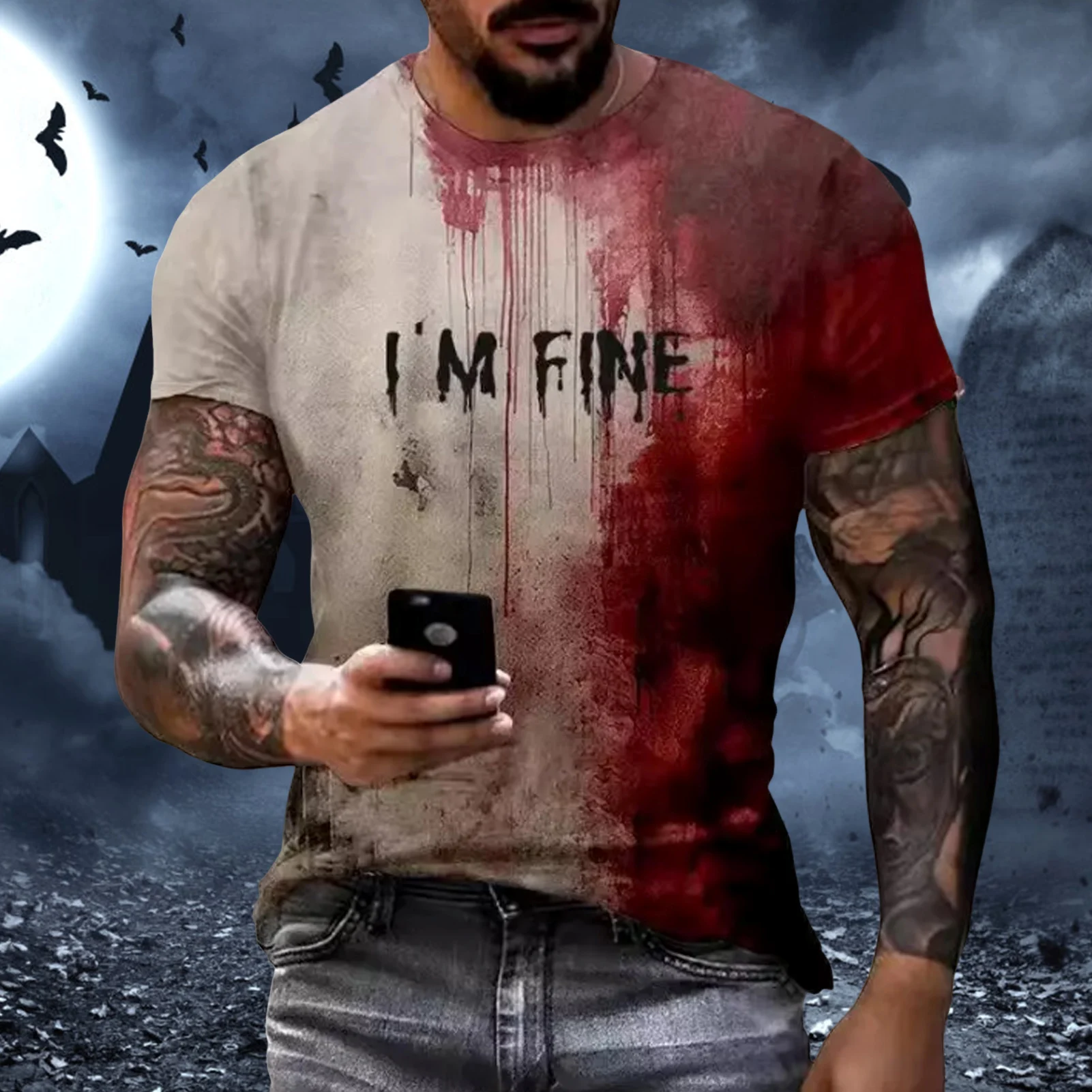 I'm Fine Bloody Printed T-Shirt Summer Comfortable Casual T-Shirt Suitable for Daily Shopping Outfit