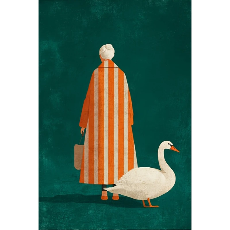 Figure in Orange White Striped Poster Prints Old Woman and White Goose Canvas Painting Wall Art Picture Living Room Home Decor