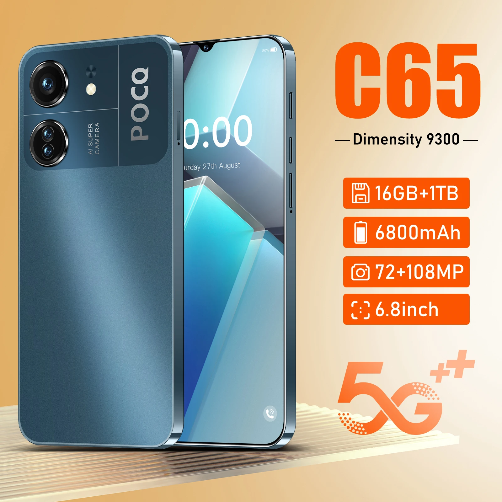 C65 Smartphone 6.8inch Original Global Version Android14 MobilePhone Dimensity 9300 Cell Phone 5G Dual Sim 72MP+108MP Cellphones