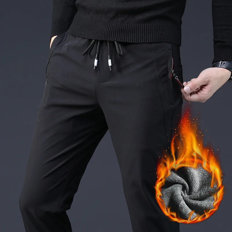 

Men's Winter Fce Lined Casual Pants Thiened Elastic Qui Dry Sports Trousers Straight Leg mid Waist Pure Color Youth Sle