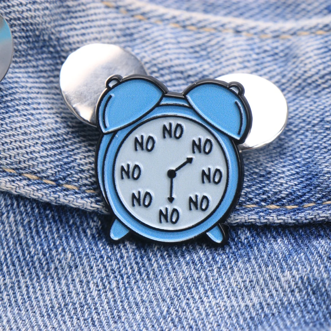 NO Slogan Alarm Clock Enamel Pin - Cartoon Punk Lapel Badge for Backpack DIY Gift