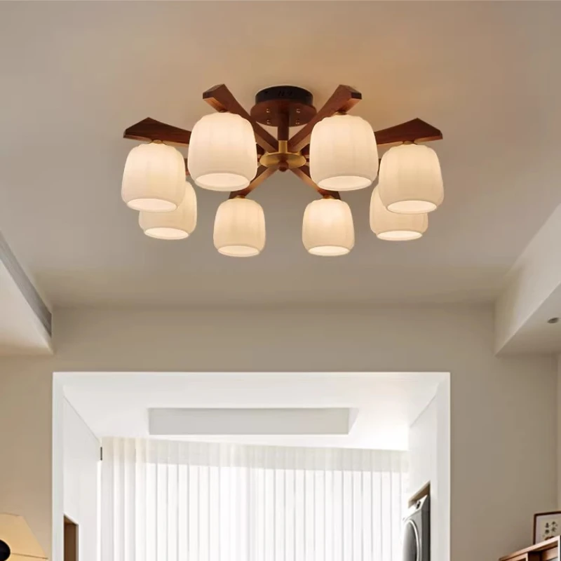 

European Luxury Rotundity White Frosted Glass LED Ceiling Light Retro Living Room Bedroom Restaurant Wooden Hanging Lamp Fixture