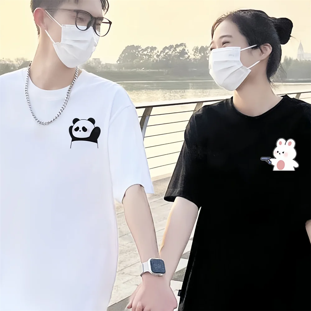 Interesting Cartoon Surrender Panda Print Couple T-shirt Tee Top 240g Cotton Casual Loose Short Sleeve Tshirt For Lover Gift