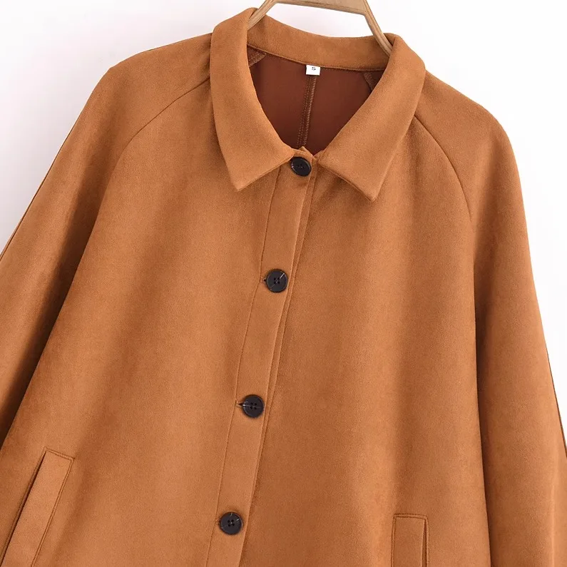 

ZBZA Autumn New Faionable Suede Jaet Loose Collar Long Sve Street Sle Women's Outerwear Polyester Fiber Coat