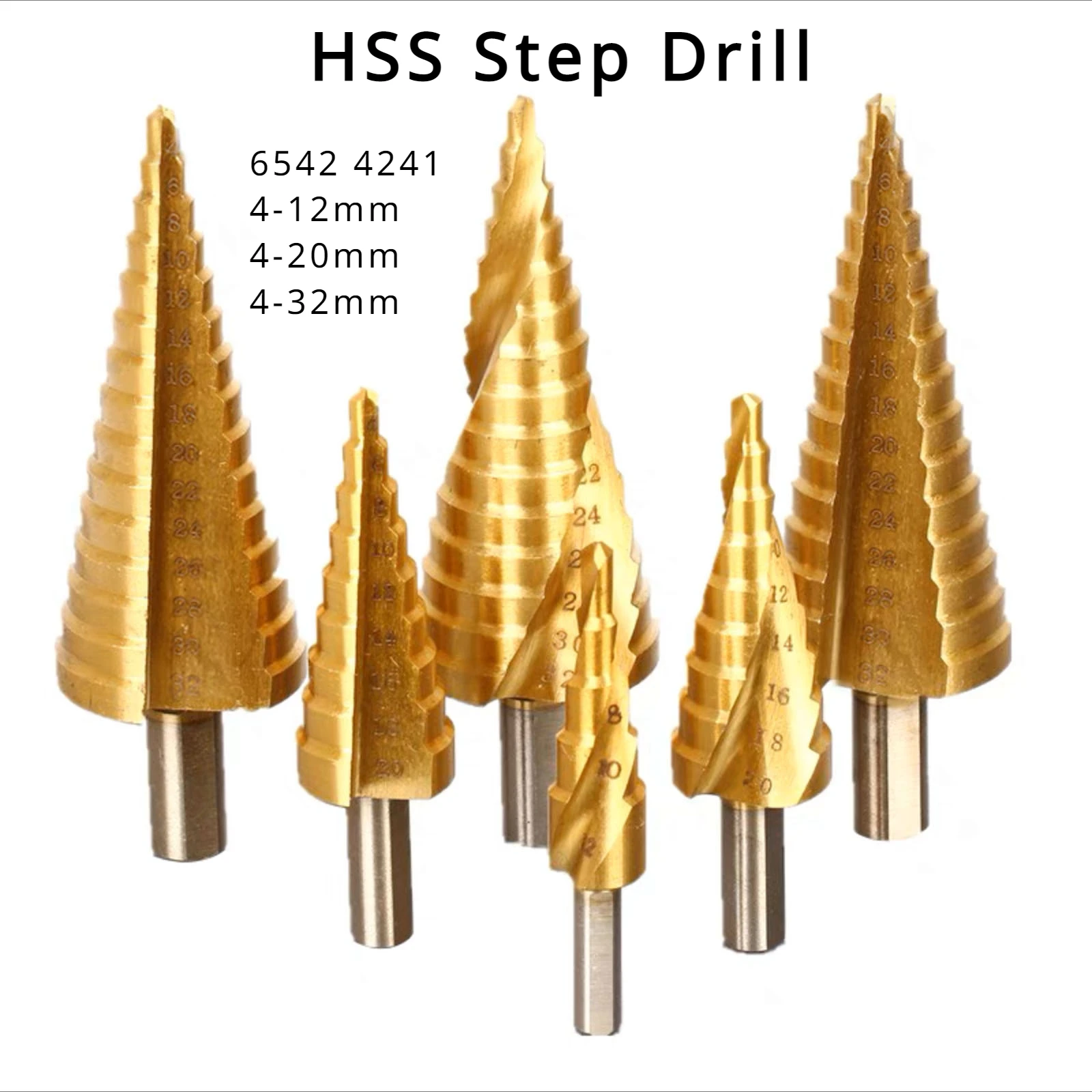 6542 4241 HSS Step Drill Bit 4-12mm  4-20mm  4-32mm Titanium Coated Spiral Flute Triangular shank Hole Cutter Tool Wood Metal