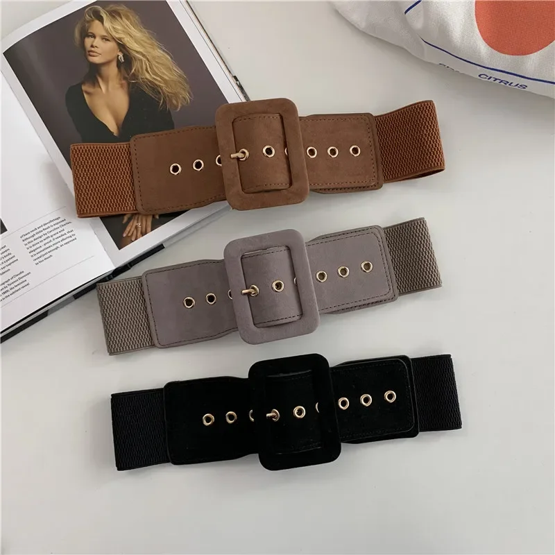 

Fashion Suede Belts for Women Simple Waist Elastic Ladies Band Sqaure Buckle Decoration Coat Sweater Party Belt Girdle Belt Gift