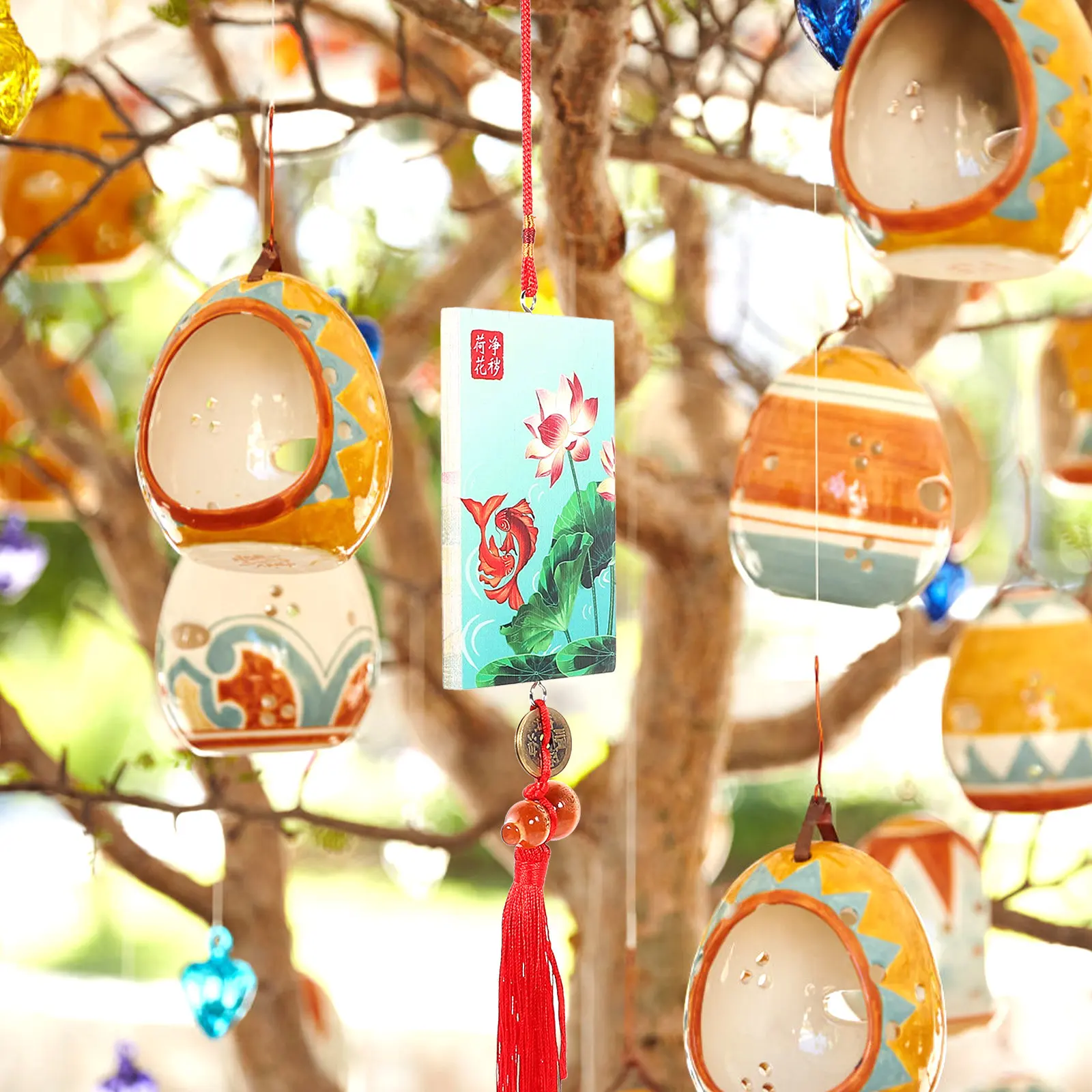 Ancient Chinese Coin Gourd Tassel Pendant with Lotus Pattern Wood Board Spring Festival Decor for Home Office Car Rearview
