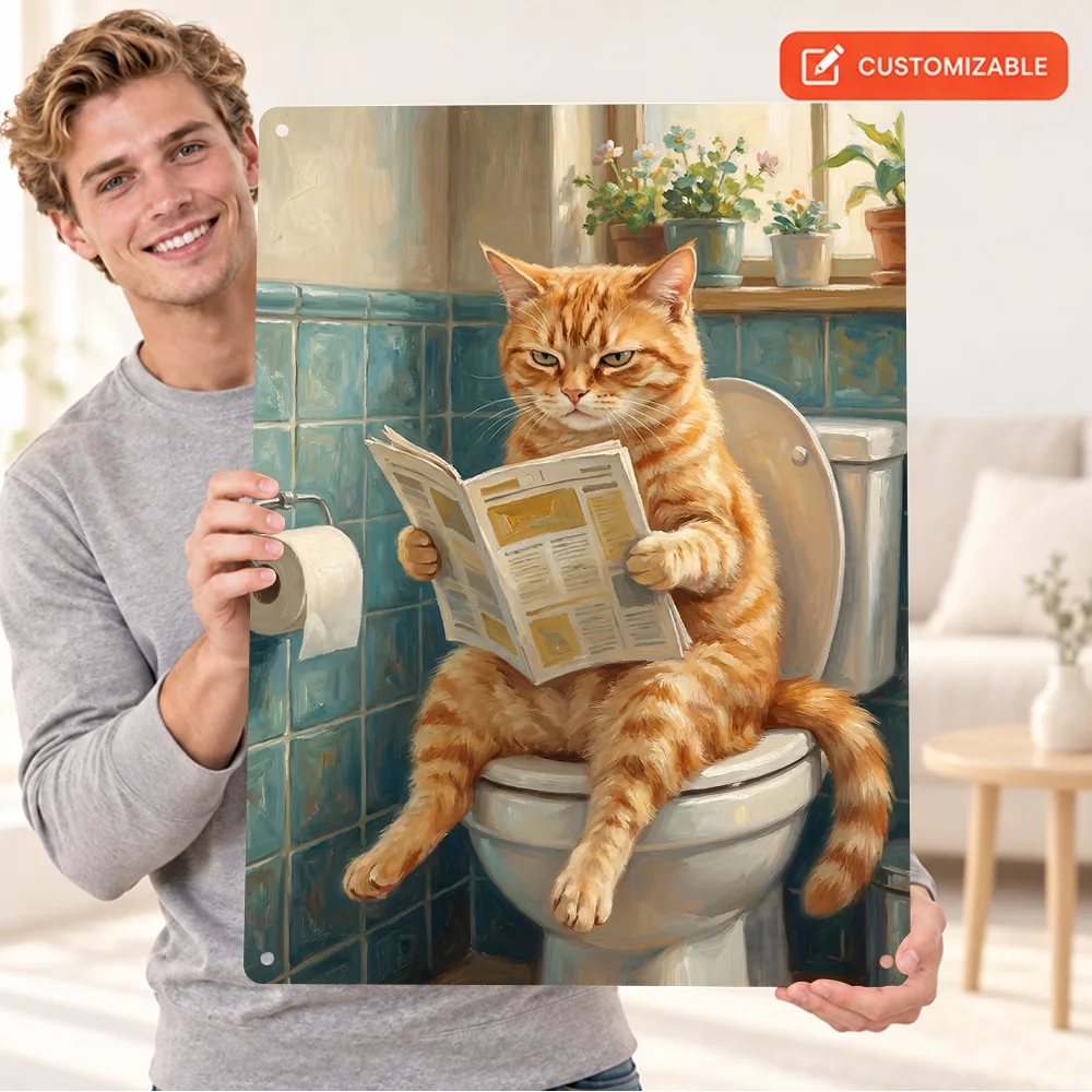 Cat Reading Newspaper On Toilet Textured Metal Poster Humorous Wall Art For Bathroom Personalized Aluminum Sign Humor Fan Gift