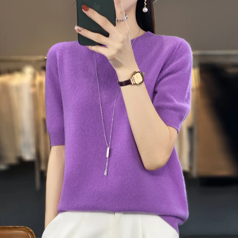 100% pure wool women\'s round neck sweater short sleeve seamless loose knit half sleeve bottoming sleeve.