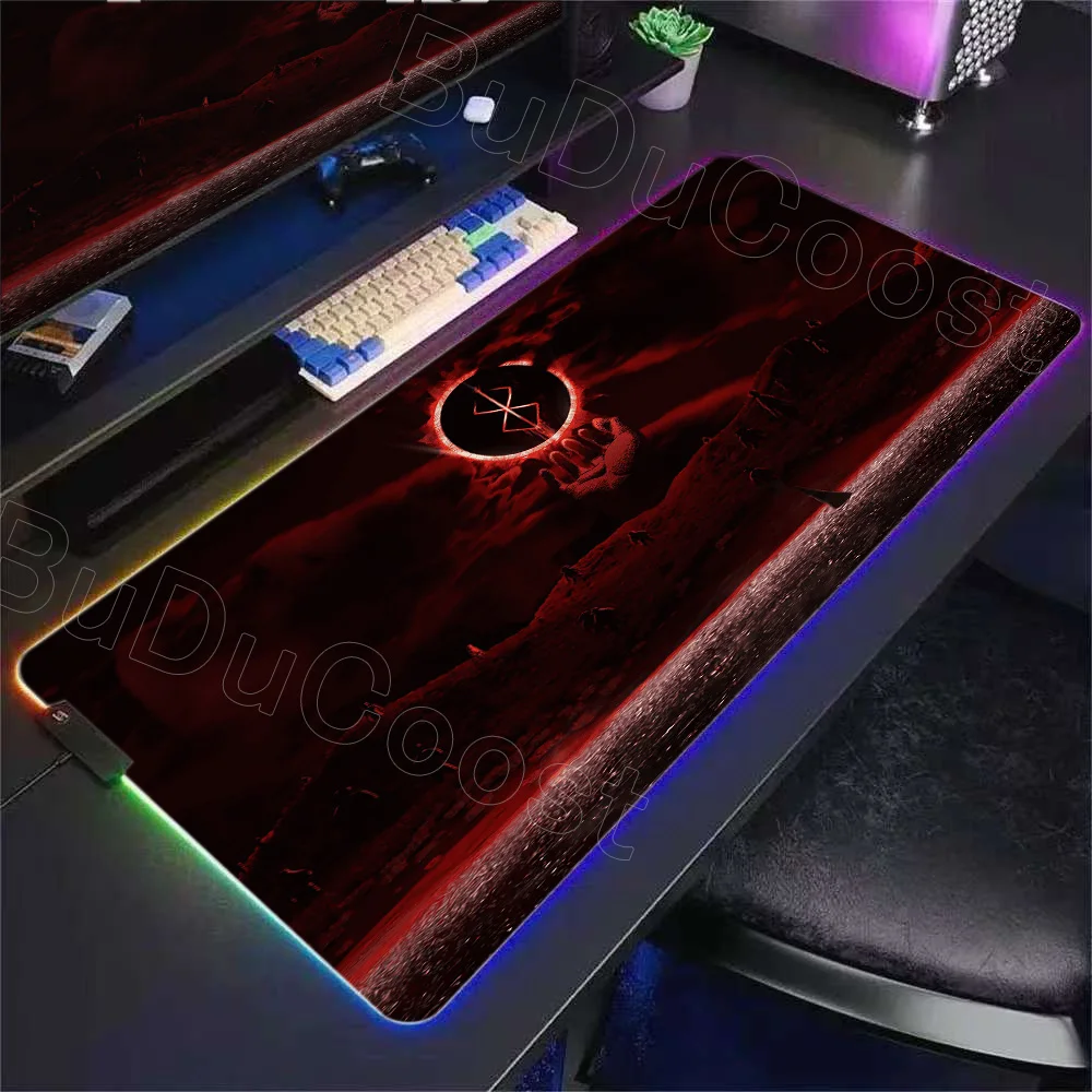 

New RGB Pc Gamer Mouse Pad Anime Berserk Mousepad LED Lighting Cool Mousepad Non-slip Gaming Computer Mausepad with Backlight HD