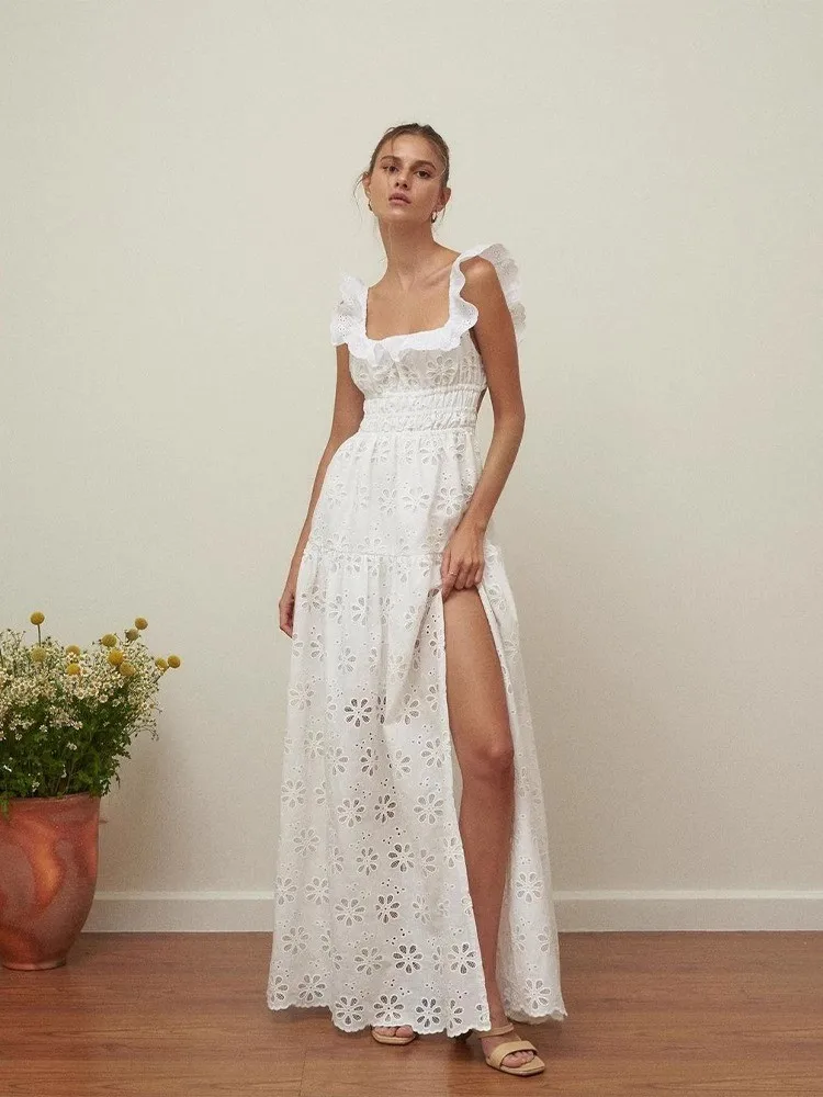 

White Embroidered Hollow Out Dress For Women'S Summer Strapless Square Neck With A Unique Open Back Design, Slim Fit Long Skirt