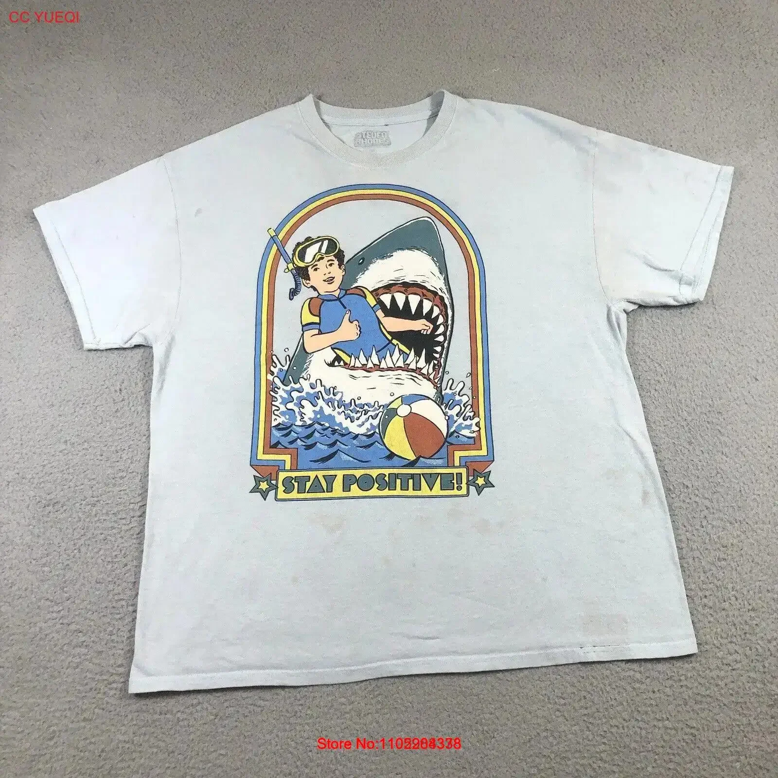 

Steven Rhodes Stay Positive T Shirt Men s XL Blue Shark Boy Thrashed vintage Washed graphic designer clothes Slightly fashion