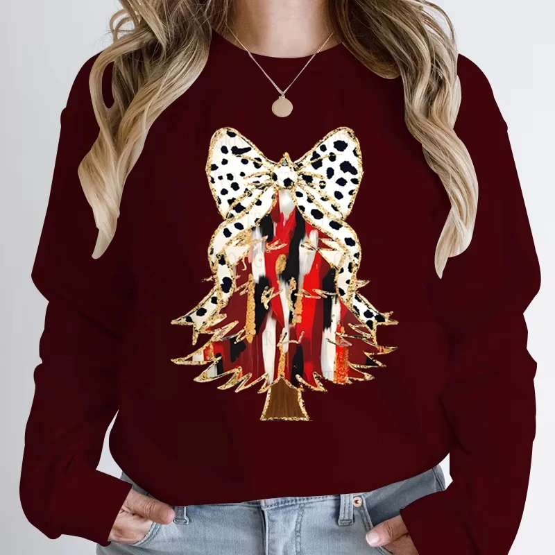 Womens Christmas Sweatshirt Colorful Christmas Tree with Bow Trending Sweatshirts Merry Christmas Tree Cartoon Classic Hoodies