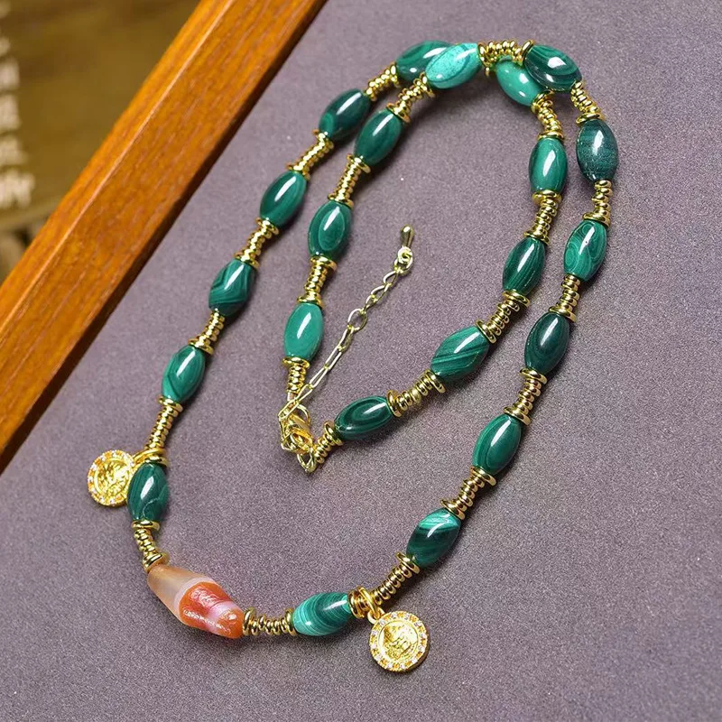 

Шелковое ожерелье из древних бусин, малахитовый желтый Бог богатства, клипсы, аксессуары, ключица, агатовая цепочка для свитера