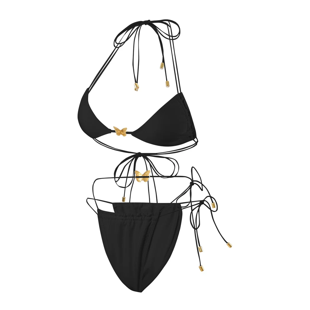 Metall-Schmetterlings-Halterneck-Bikini mit hohem Beinausschnitt, zweiteiliger Damen-Bikini, Badeanzug, Badebekleidung, Badeanzug, Schwimm-Bikini V6460 – Detail 13