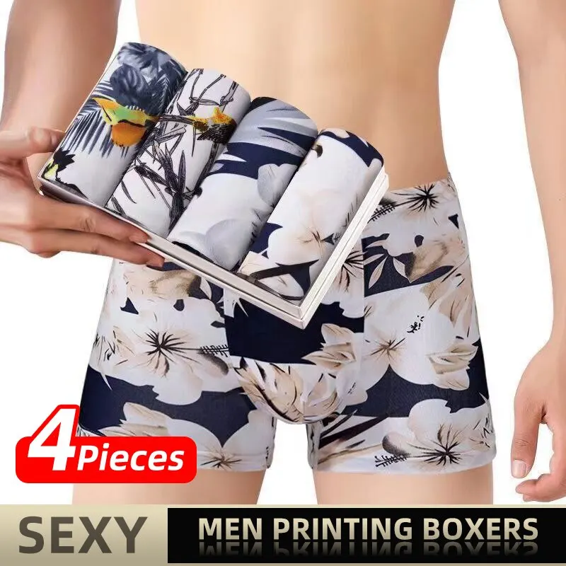 4 Pieces Men Printing Boxers Shorts Underpants Underwear XXL 3XL 4XL 4 Colors Mixing Sexy Soft Breathable Fashion Sports Casual