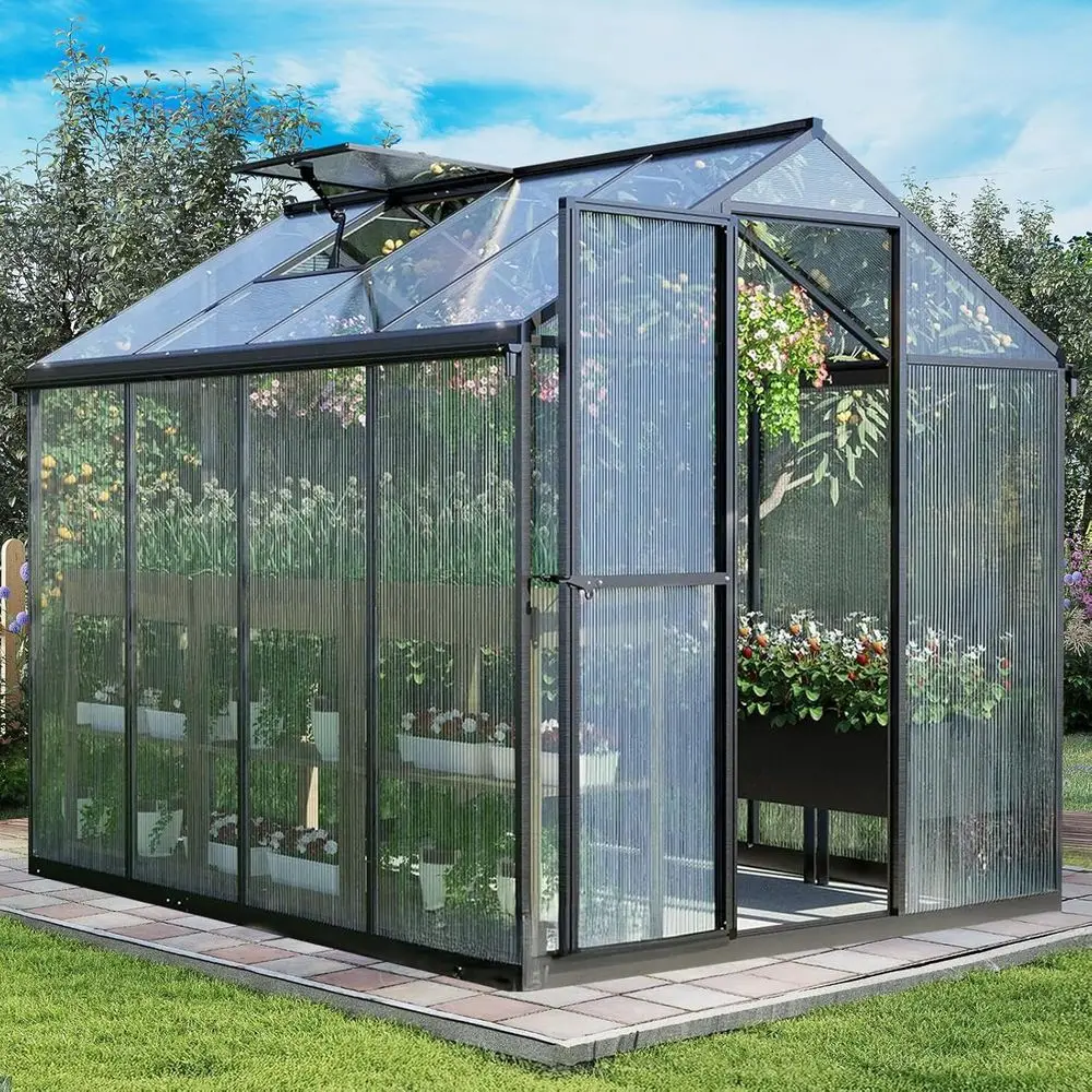 

6ft x 8ft Walk-In Greenhouse with Gutters, Polycarbonate Cover, Heavy-Duty Frame, Adjustable Skylight, and Lockable Double Door