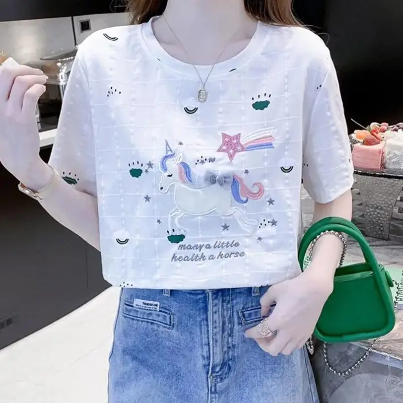 Women\'s T-shirt 2023 Round Neck Loose Fitting Short Sleeve Summer New Embroidered Printed Letter Pattern Fashion Casual Tops