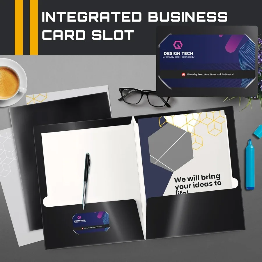 사무용 레터 사이즈 블랙 종이 포트폴리오, 2포켓 광택 라미네이트 처리된 블랙 종이 폴더, 견고한 마감 처리로 이상적