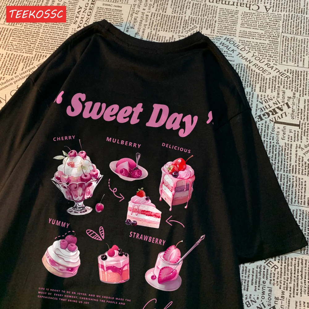 Street Cotton Womans T-Shirts Sweet Day Pink Ice Cream Cake Printed Streetwear Miękkie, oddychające, oversize Trend Odzież damska