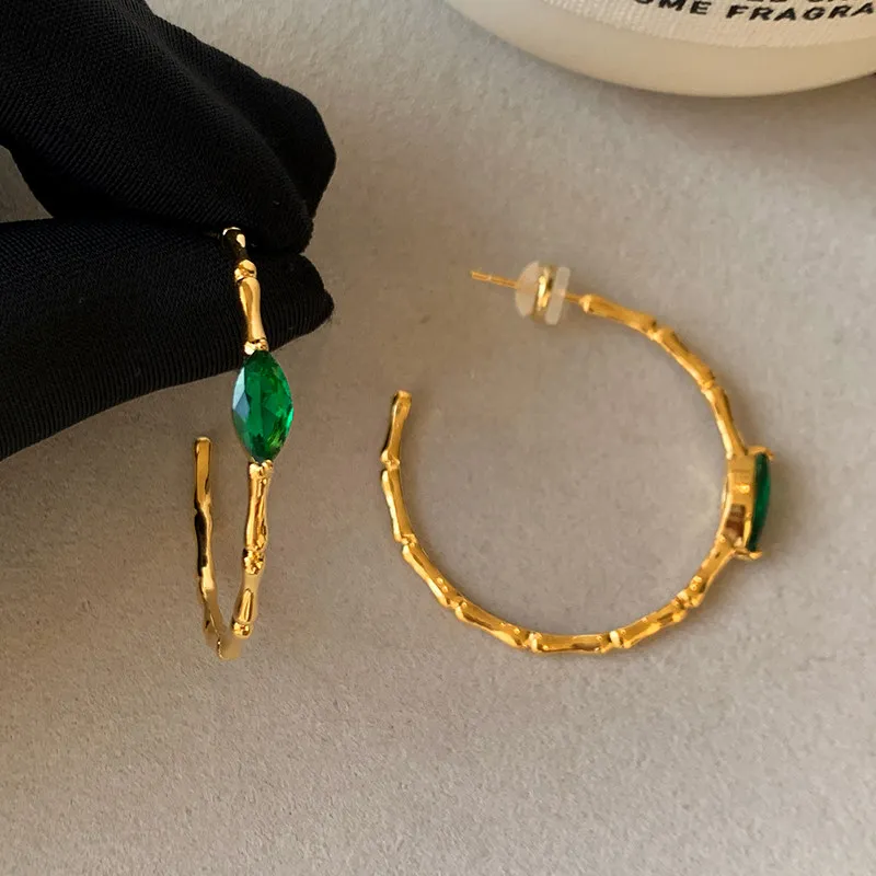 Bamboo Gold Hoop Earrings Set Vintage S925 Silver Post Marquise Green Zircon Drop Earrings Unique Green Crystal Jewelry Gift