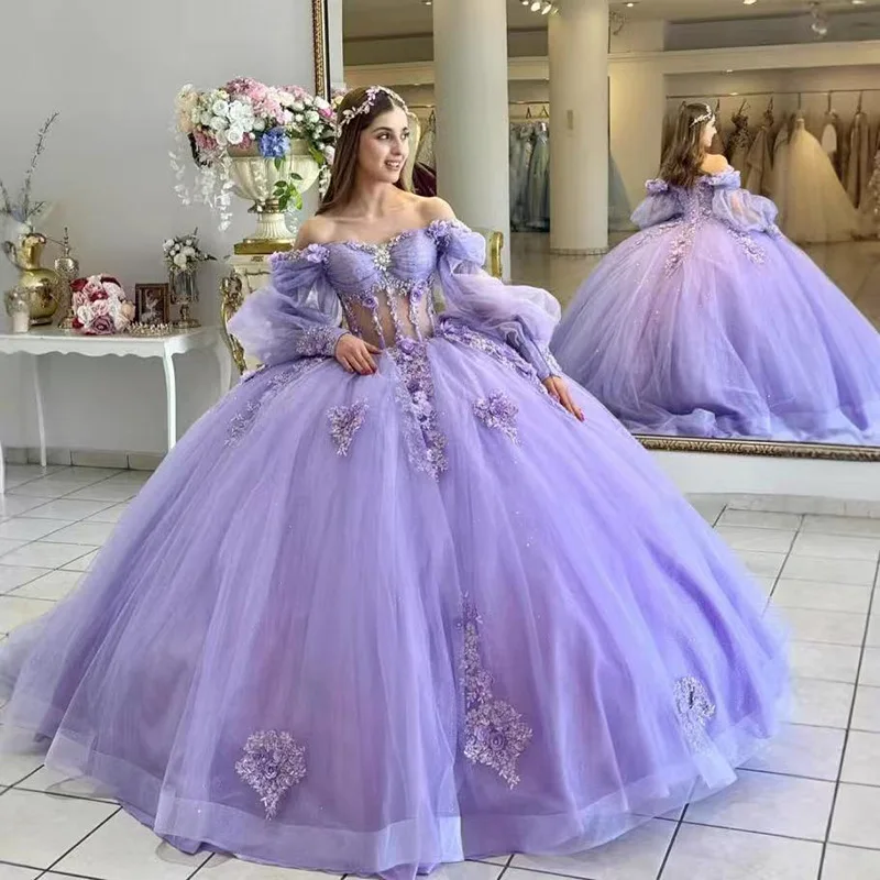 

New Lilac Quinceanera Dress Ball Gown Off the Shoulder Applique Lace Beads Crystal Tulle Corset Sweet 15 Vestidos De XV Anos