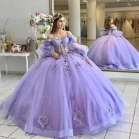 Nuevo vestido De quinceañera lila, vestido De baile con hombros descubiertos, apliques De cuentas De encaje, corsé De tul De cristal, dulce 15 Vestidos De XV Anos