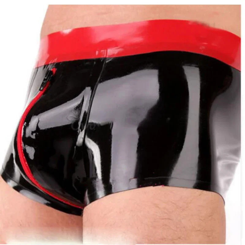 Men Latex Rubber Shorts with Sheath Underwear Front Zip Handmade Black with Red