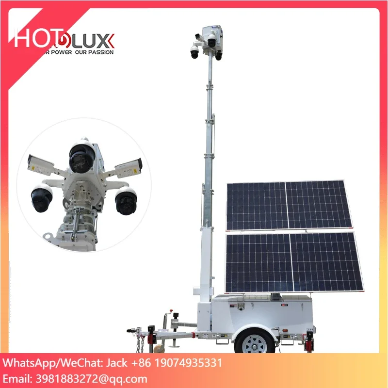 

US Standard 2 Panels Mobile Solar Trailer Security Camera Ptz Cctv Tower With 9m Telescopic Mast For Construction Site