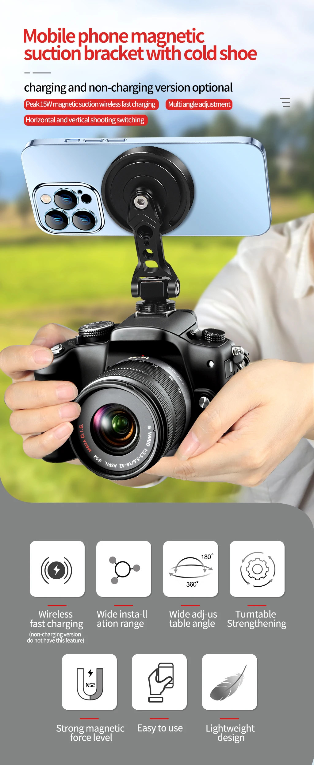 Neue Magnetische 10W Drahtlose Ladegerät Handy Halter Stehen Kugelkopf Tilt 1/4 Kalten Schuh Halterung für iPhone Magsafe magnet Halterung – Detail 6