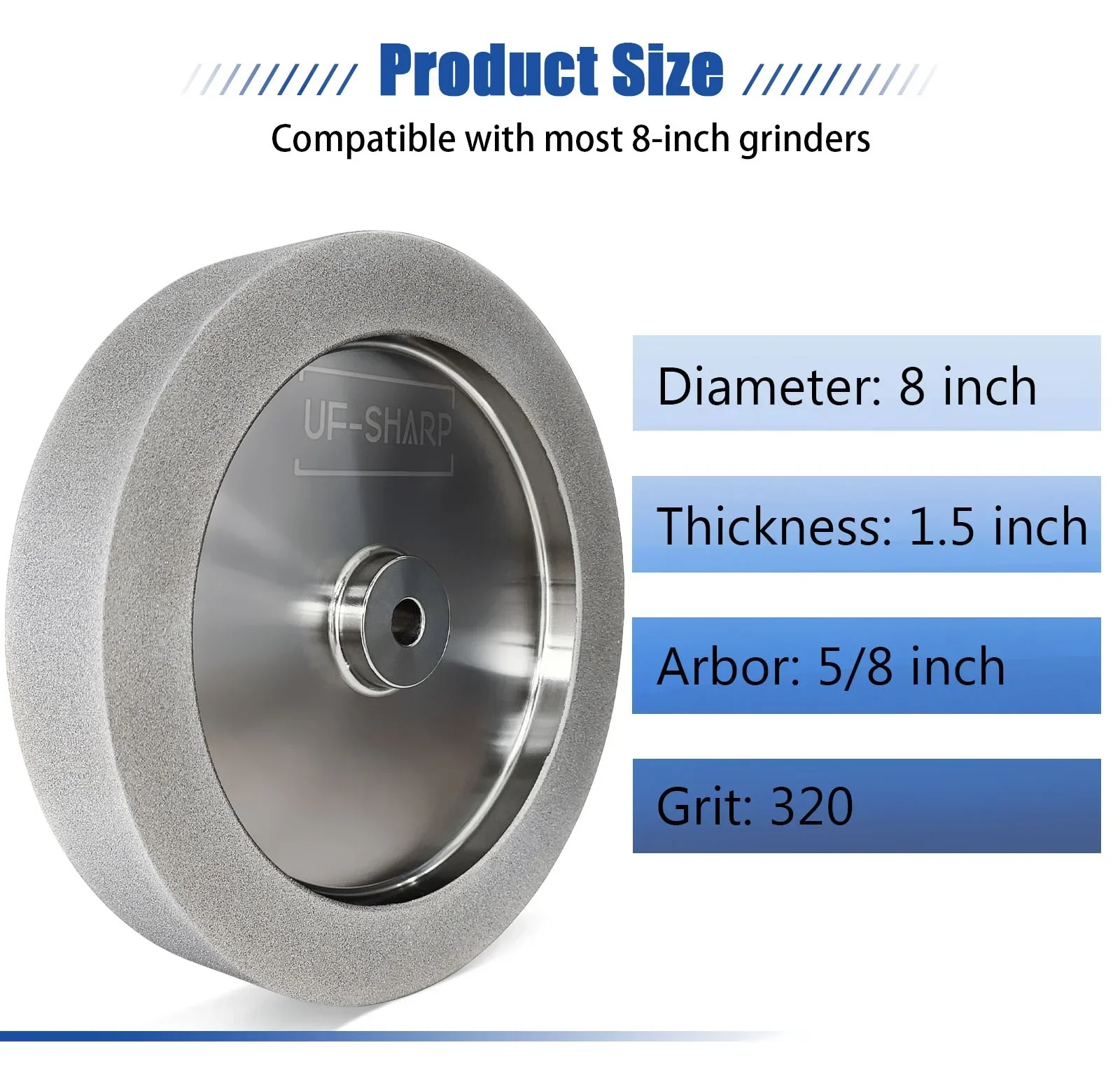 200mm CBN Grinding Wheel 8 inch 1.5 Inch Wide  5/8in Bore for Sharpening  High-Speed Steel Wood Turning Tools Right/Round Angle