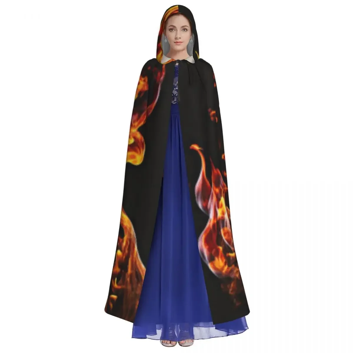 Customization Adult Halloween Fire Flame Cloak Cape Hooded Medieval Costume Full Length Dress Coat