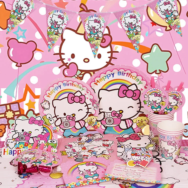 Decoración de fiesta de cumpleaños de Hello Kitty, globo de papel de aluminio para niños, suministros para eventos, vajilla desechable, pancarta,