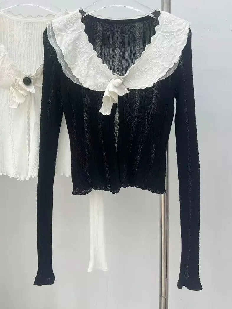 

Elegant European Style Women's Knitted Cardigan Set with Lace Collar Bow Strap Thin Outerwear Inner Shirt Ensemble
