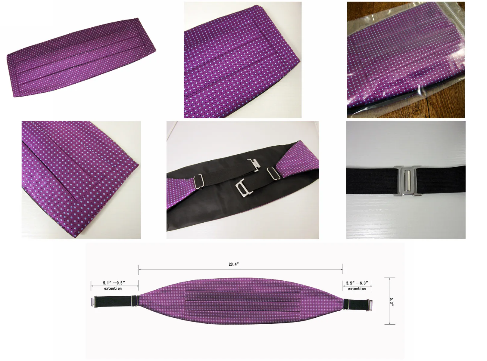 Herren-Krawatten-Set, lila gepunktete Krawatte, Einstecktuch, violett-lavendelfarben, klassische extra lange Fliege, vorgebunden, Jungengröße, auch für Kinder erhältlich. – Detail 9