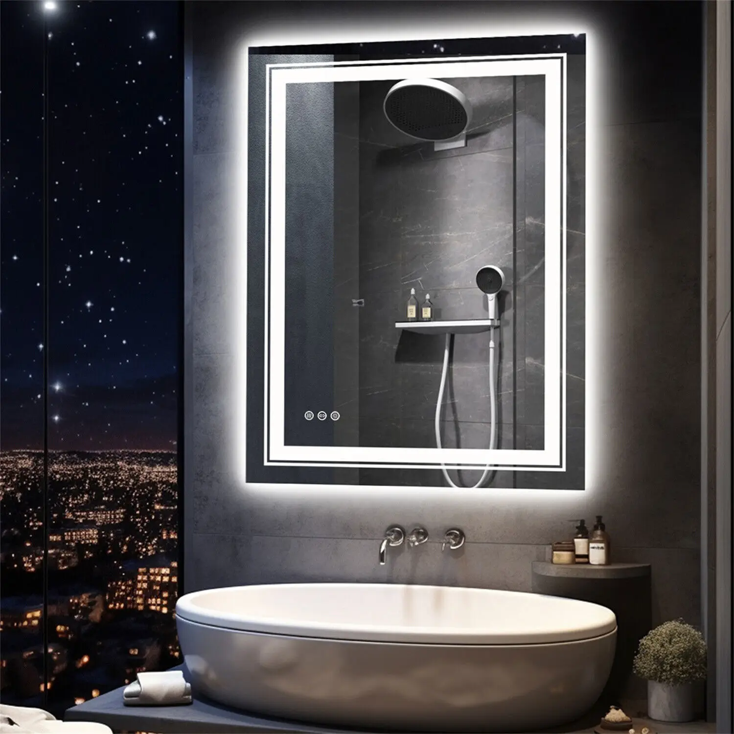 Anti-Fog LED Wall Mounted Mirror Rectangle Bathroom Mirror Vanity Shaving Mirror with 3 Colour Dimmable Memory Front & Backlit