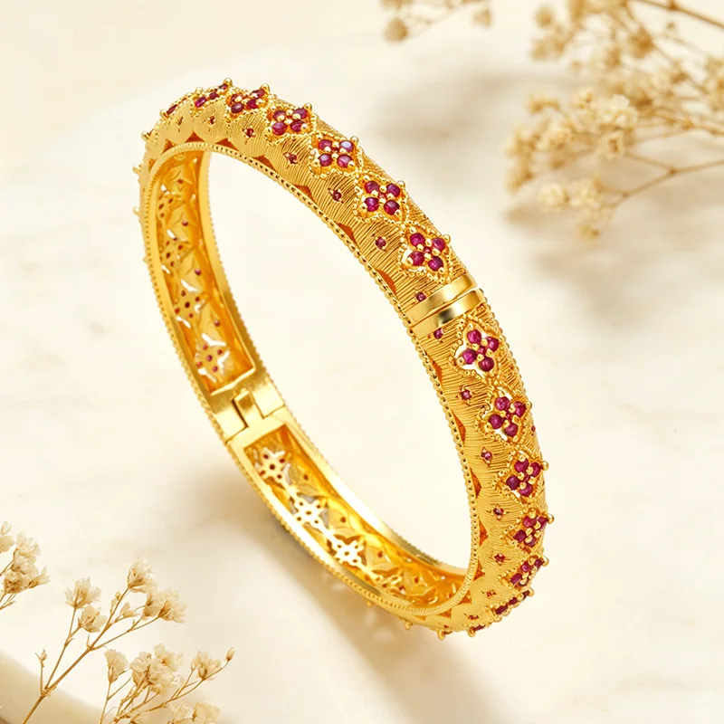 Robust Wear-resistant Filigree Rose Red Zircon Buckle Bangle For Women 24K Gold AU999 resist daily abrasion and accidental bump