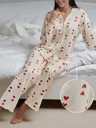 Autumn Winter Warm 2-Piece Pajamas Set for Women Sleepwear Love Printed Long-Sleeved Shirt and Long Pants Set Loungewear