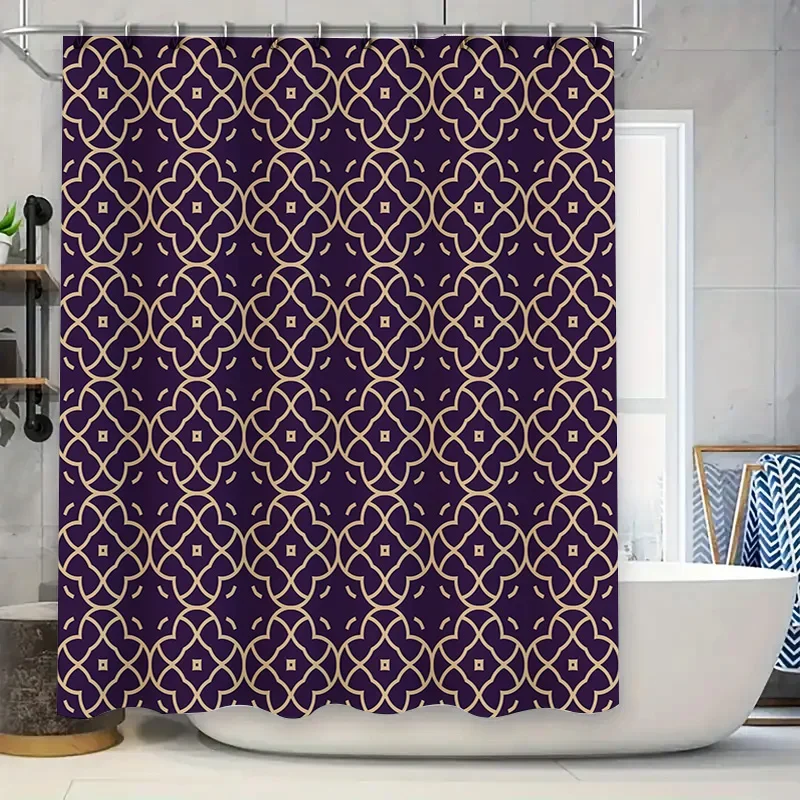 

Vintage Retro Geometric Pattern Shower Curtain Bathroom Decor Waterproof Fabric Bath Mat Set Home Decoration Luxury Purple Gold