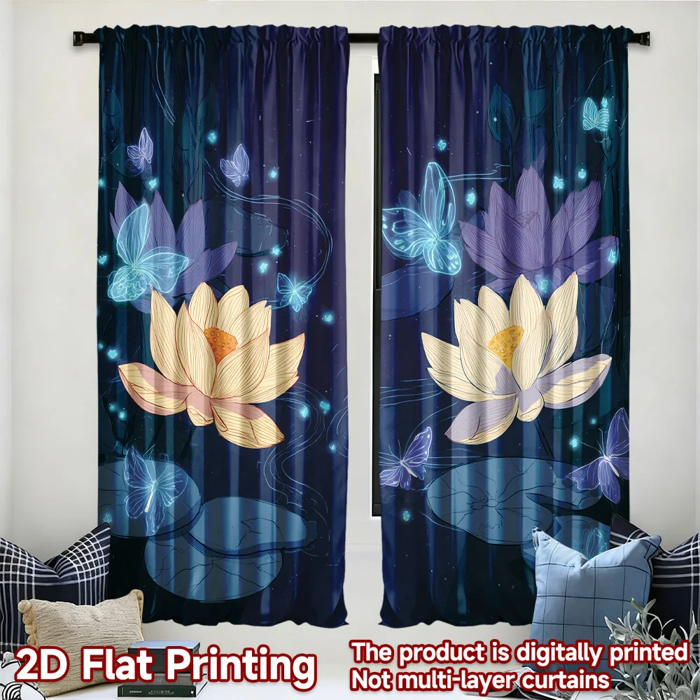 Mystical Lotus Curtains, Blue Glowing Flower Drapes, 3D Digital Print Window Treatment Zen Home Decor Living Room Blackout Panel