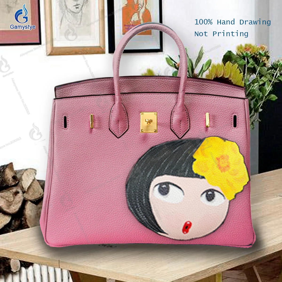 Art Hand-Painting Short haired girl Customize Totes For women Handbag Designer Shoulder Bag Popular Genuine Leather Big Capacity