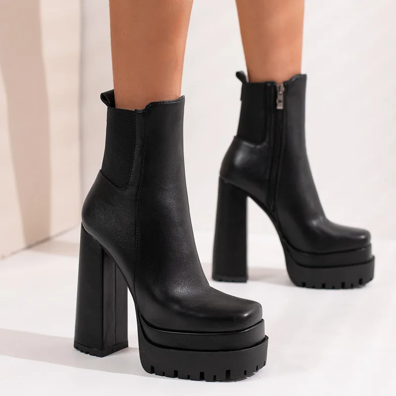 Women\'s Ankle Boots Platform Trends Black Short Boot Winter Autumn Leather Gothic Punk Heels Party Shoes Lady Large Size 45