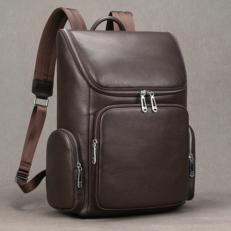 Newsbirds Men's Leather Backpack Soft Cowskin Pure Color Solid Simple Design Travel Bag School Daypack Black Coffee School Bag