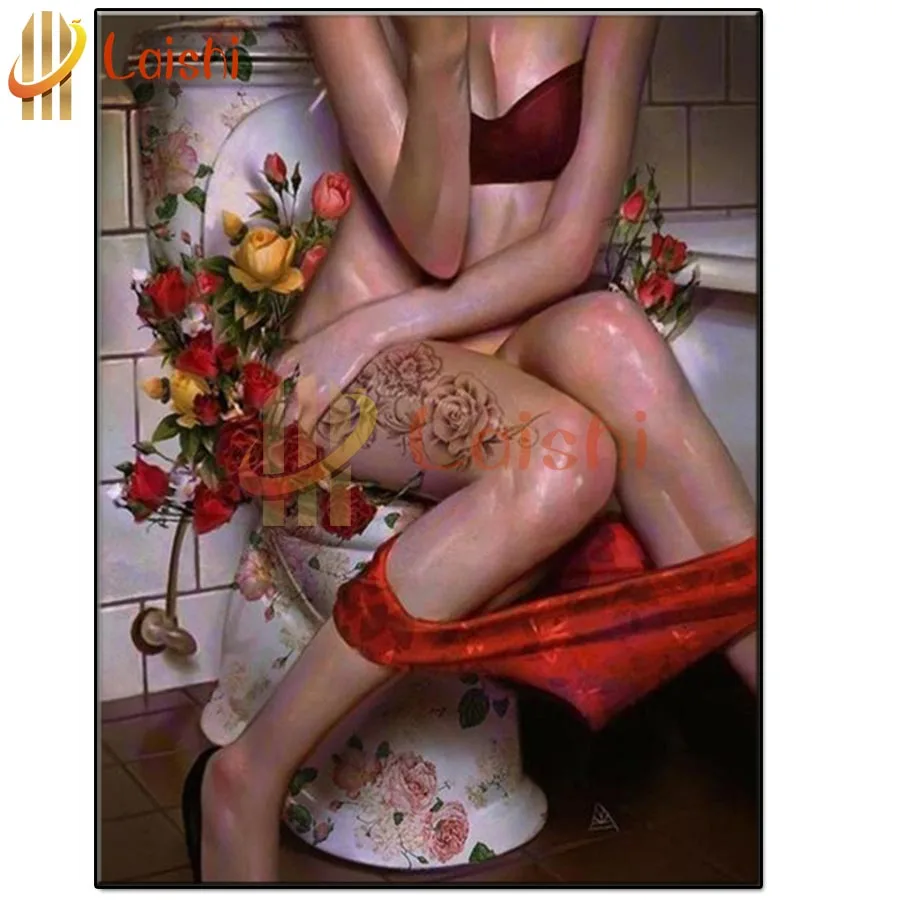 

diy diamond painting Toilet decoration, beautiful women go to the toilet rhinestone mosaic cross stitch full square round drill