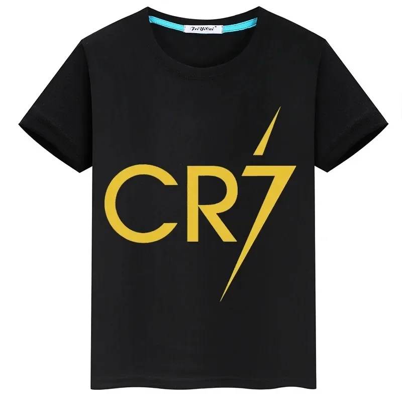 Summer Short-sleeved Boys Girls Black Cotton T-shirt Sportswear Tops Ronaldo Football Star Printed Children\'s Clothing Kids