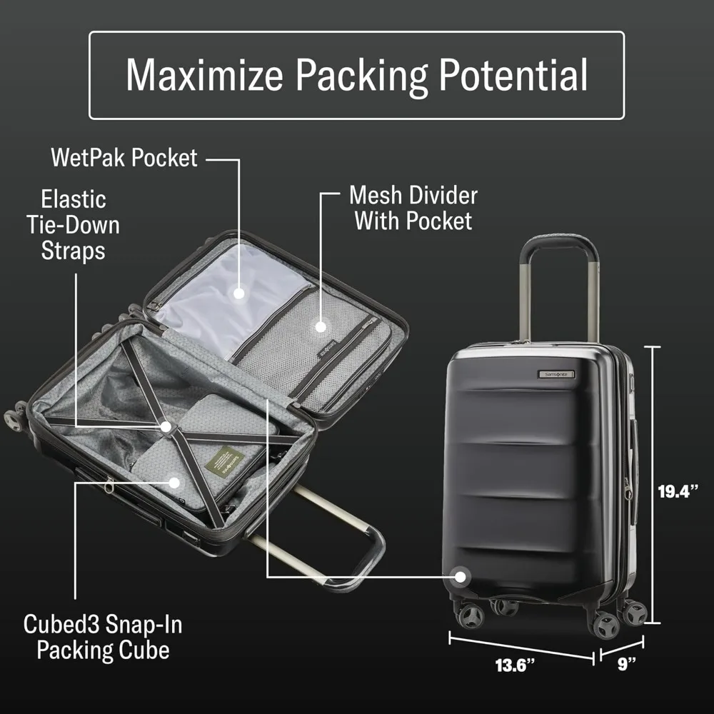 расширяемый 21-дюймовый твердый багаж с передним карманом и 360° °   вращающиеся колеса для долговечности и ударопрочности.