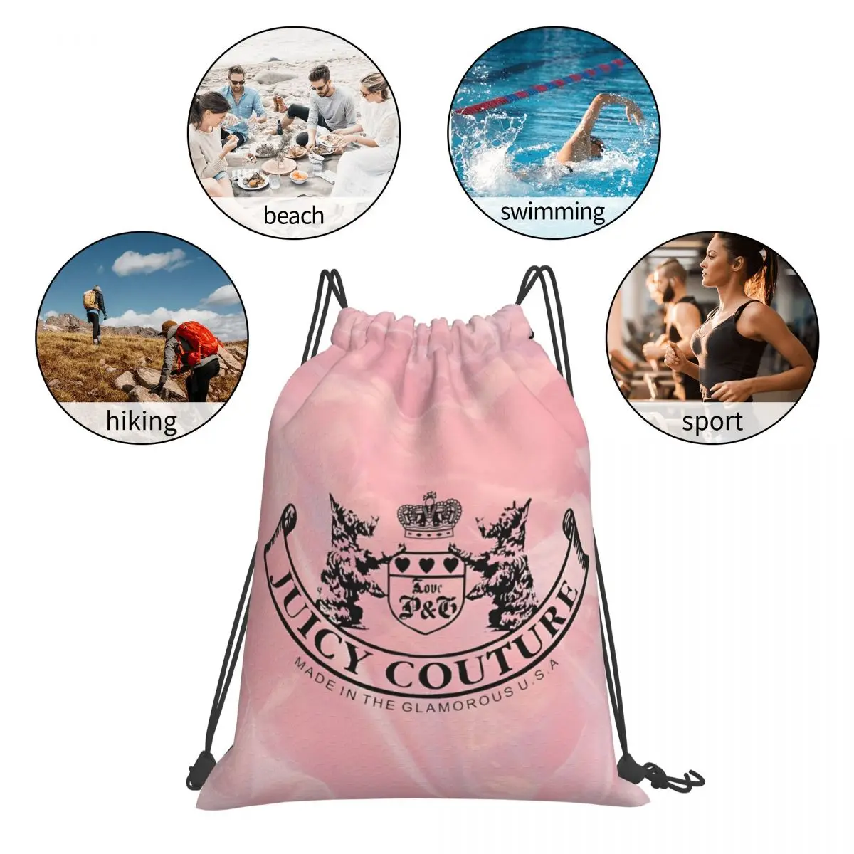 Juicy-Couture Portable Sports Bag Thicken Drawstring Belt Riding Backpack Gym Drawstring Shoes Bag Clothes Backpacks