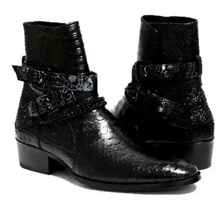 Black Crocodile Pattern Print Pointed Toe Black Chain Cross Strap Buckle Ankle Boots Man Low Heels British Short Chelsea Boots