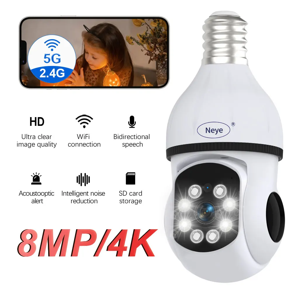 

Neye 8MP Spotlight E27 Bulb Camera 360 ° Panoramic IP Camera Ai Pan tilt Automatic Tracking Detection Security WiFi Camera