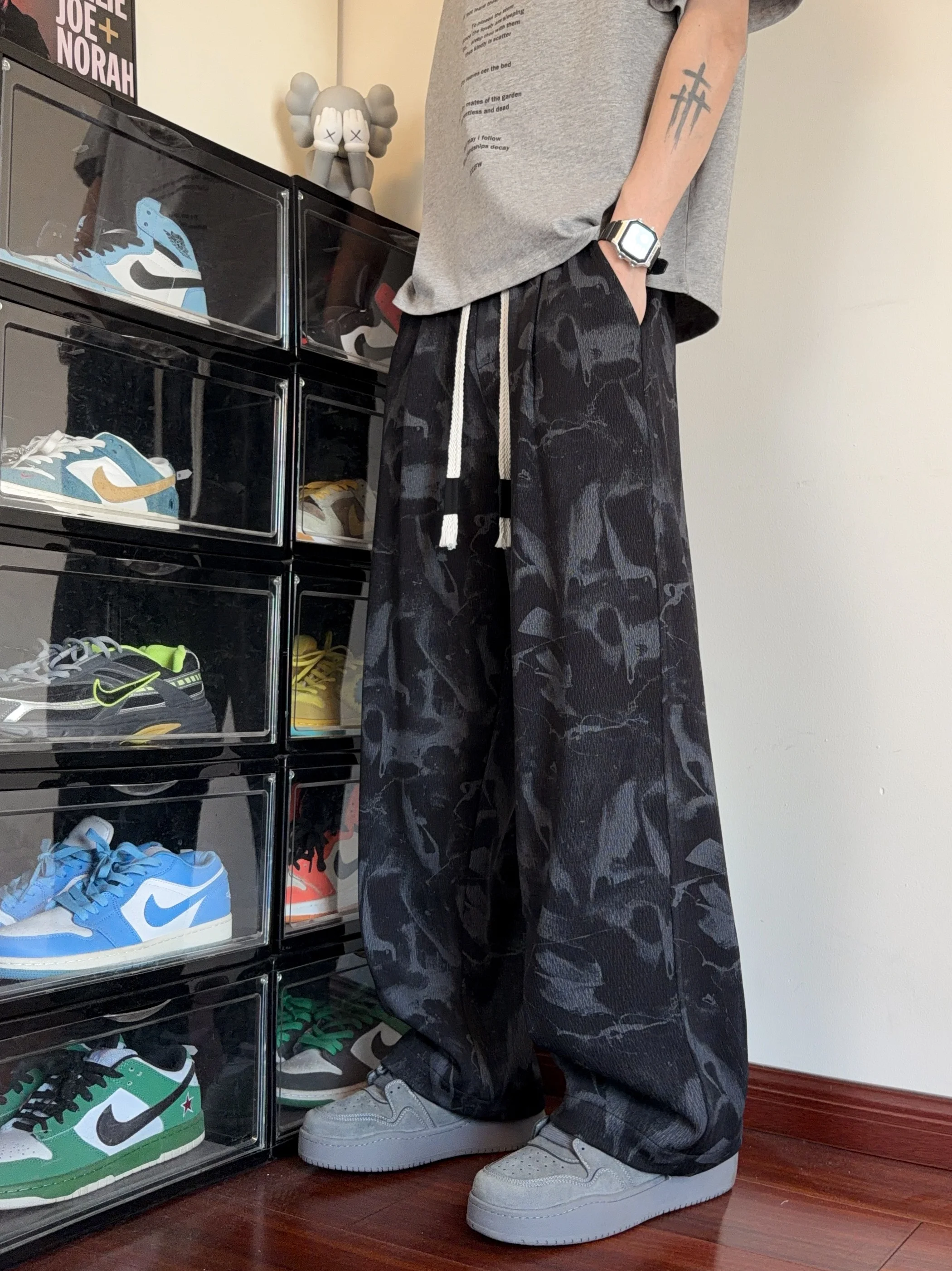 

Men's Summer Thin Breathable Cool Feeling Ice Silk Straight Leg Wide Leg Casual Pants Loose Fit Dyeing Technique Water-Media